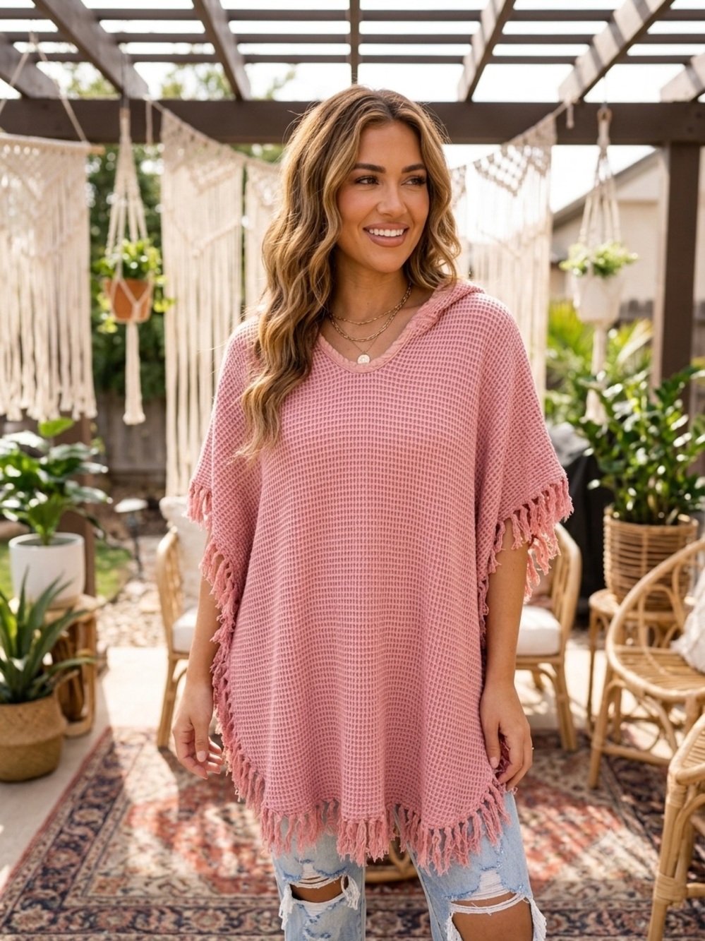 Blush Pink Waffle-Knit Fringe Poncho Sweater Coverup